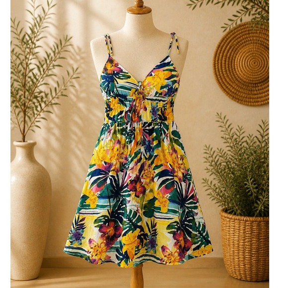 Jolie & Joy Dresses & Skirts - Jolie & Joy Tropical Floral Smocked Waist Tie Front Mini Sundress Yellow Multi L